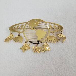 Vintage Wild Bryde Brooch Gold Tone World Earth Animal Dangle Lightweight